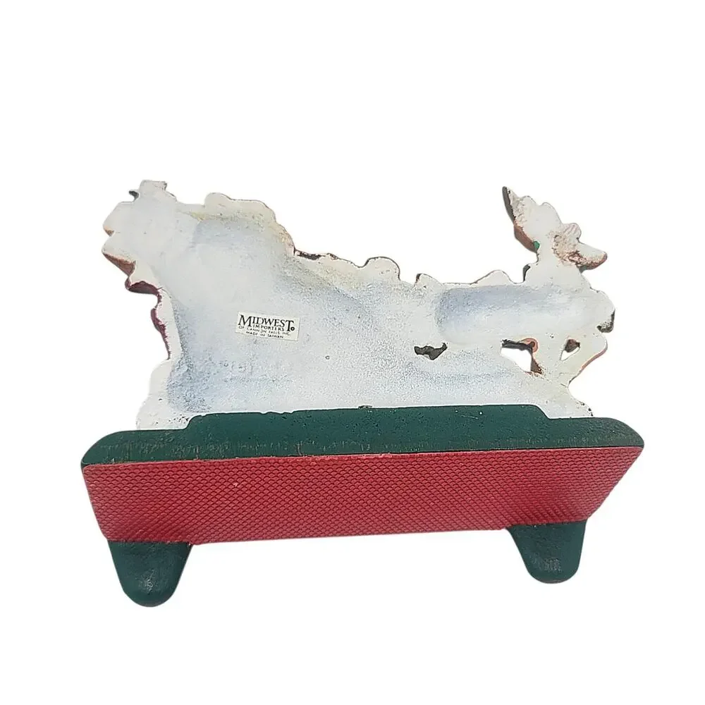 Vtg Heavy Midwest Santa Sleigh Reindeer Double Hook Cast Iron Stocking Hanger